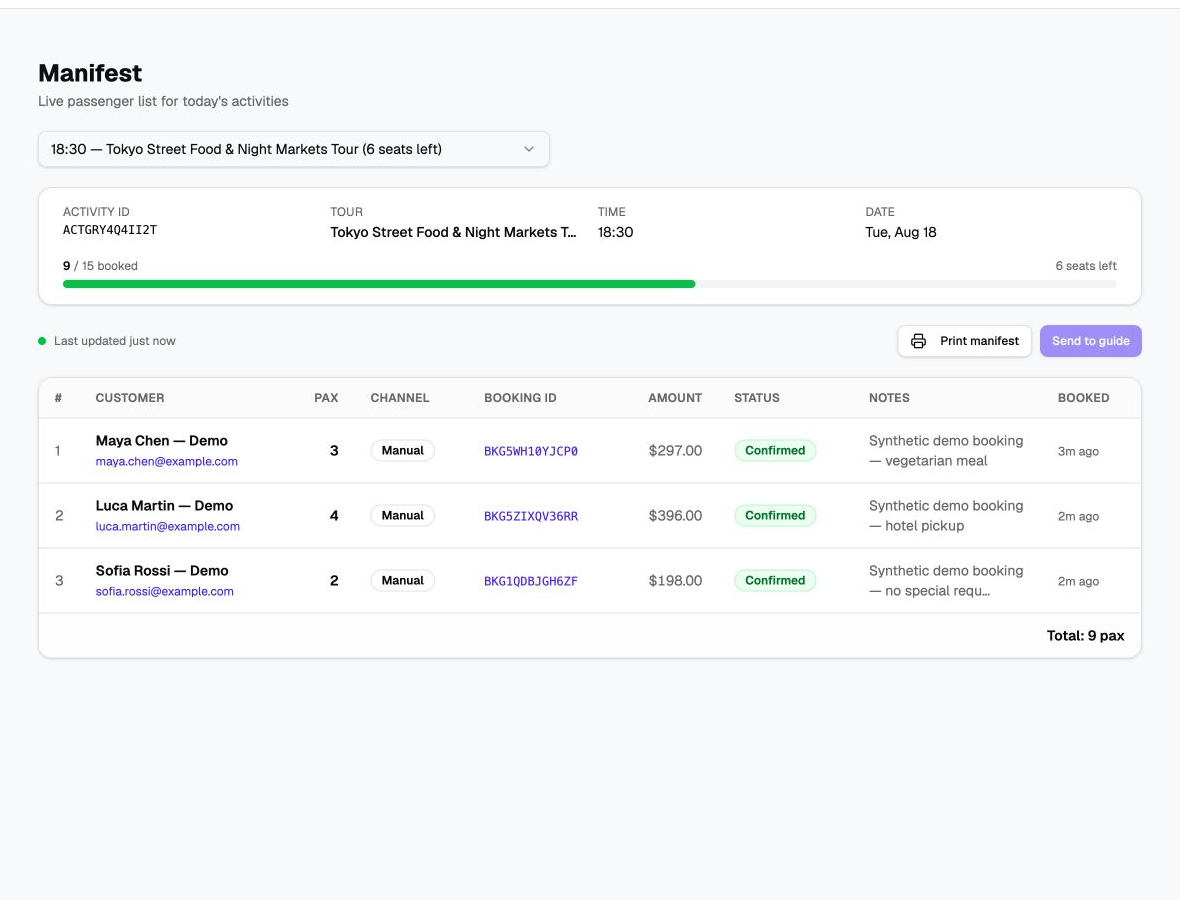 OpsBlitz live manifest showing a tour, remaining capacity and fictional passenger records